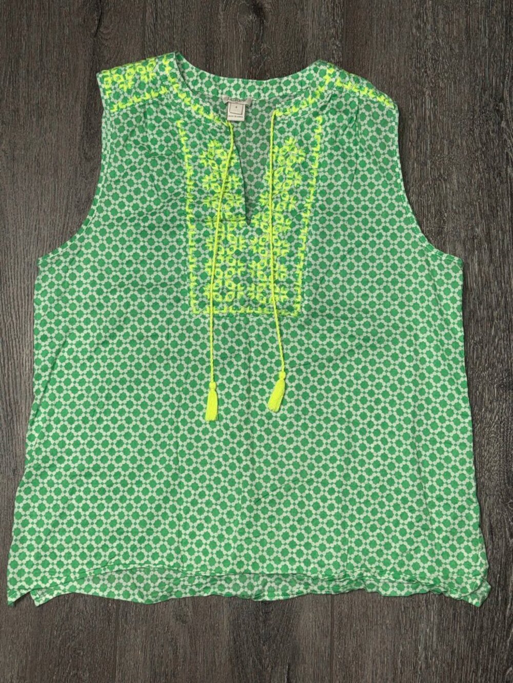 J.CREW Womens Green Geometric Sleeveless V-Neck Blouse Top W Tassels Size Small